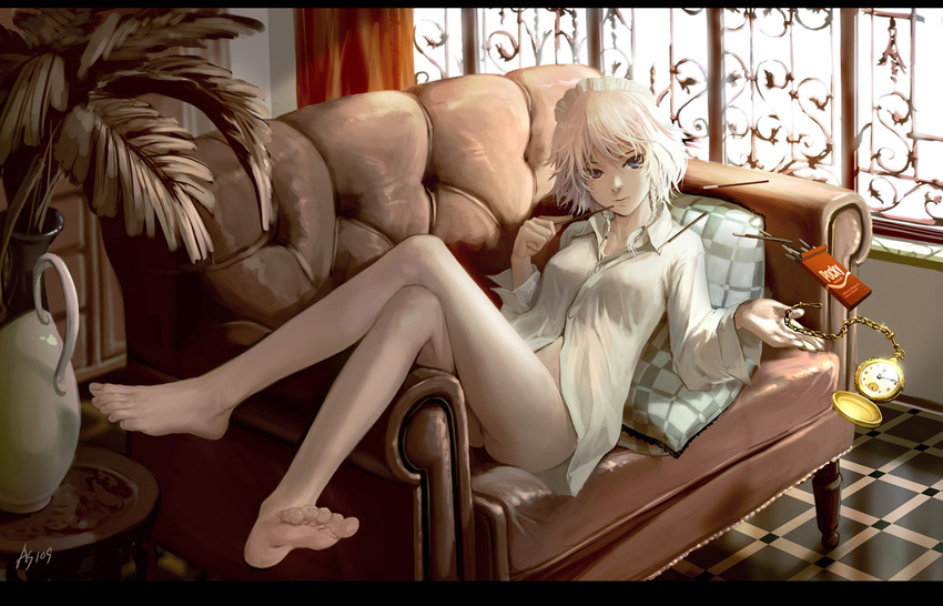 as109 barefoot blue_eyes bottomless braid breasts commentary_request couch covered_nipples crossed_legs dress_shirt feet food izayoi_sakuya legs lips long_legs lying maid_headdress mundane_utility partially_visible_vulva pillow plant pocky shirt short_hair signature silver_hair sitting small_breasts solo time_stop touhou twin_braids vase watch wristwatch