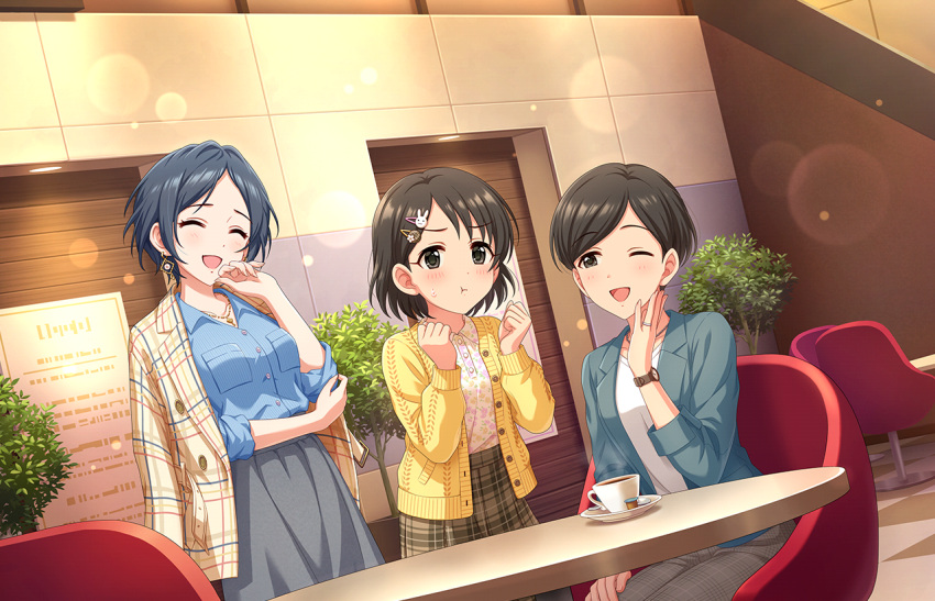 3girls :t ;d ^_^ ^o^ bangs black_hair blue_hair blush breasts clenched_hands closed_eyes cup dark_blue_hair dutch_angle hair_intakes hayami_kanade idolmaster idolmaster_cinderella_girls idolmaster_cinderella_girls_starlight_stage jacket jacket_on_shoulders jewelry lens_flare looking_at_another medium_breasts multiple_girls official_art one_eye_closed plaid plaid_jacket plaid_skirt ring sasaki_chie sasaki_chie's_mother short_hair sitting skirt smile swept_bangs teacup watch wristwatch