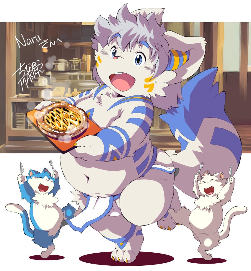 absurd_res anthro asian_clothing belly big_belly blue_body blue_fur canid canine canis chibineco claws clothed clothing countershading cutlery east_asian_clothing fangs food fork fundoshi fundoshi_only fur grey_hair group hair hi_res holding_food holding_object japanese_clothing japanese_text kemono kitchen kitchen_utensils knife looking_at_viewer male mammal multicolored_body multicolored_fur naru_the_wolf navel neck_tuft overweight overweight_male pie_(food) signature smile text tools trio tuft underwear underwear_only white_body white_fur wolf