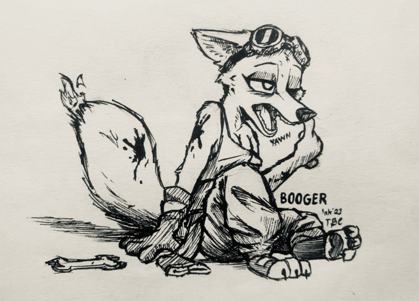 2022 absurd_res anthro arctic_fox canid canine clothing dirty disney eyewear female fox fur goggles hi_res inktober inktober_2022 mammal monochrome open_mouth overalls sitting skye_(zootopia) solo teeth theblueberrycarrots tools traditional_media_(artwork) wrench yawn zootopia