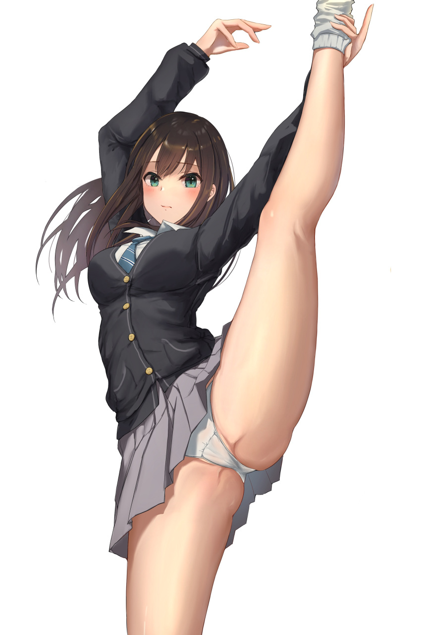 1girl absurdres arms_up bangs black_cardigan blue_necktie breasts brown_hair cardigan collared_shirt diagonal-striped_necktie green_eyes grey_skirt highres idolmaster idolmaster_cinderella_girls leg_hold leg_up long_hair long_sleeves looking_at_viewer medium_breasts miniskirt necktie nyome991 panties pleated_skirt school_uniform shibuya_rin shirt skirt socks solo split spread_legs standing standing_on_one_leg standing_split underwear white_panties white_socks wing_collar