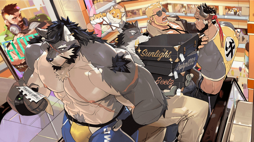 abs bara bear black_hair blush case chang_(gyee) denim facial_hair fingerless_gloves furry furry_male gloves gyee headband highres hug jeans large_pectorals looking_at_another male_focus mall manly mature_male morgan_(gyee) multiple_boys muscular muscular_male navel necktie nipples open_mouth pants pectorals santos_(gyee) scar scar_on_face spiked_hair stairs sunglasses takashi_(gyee) teeth tight tongue tooboshoo topless_male wolf_boy