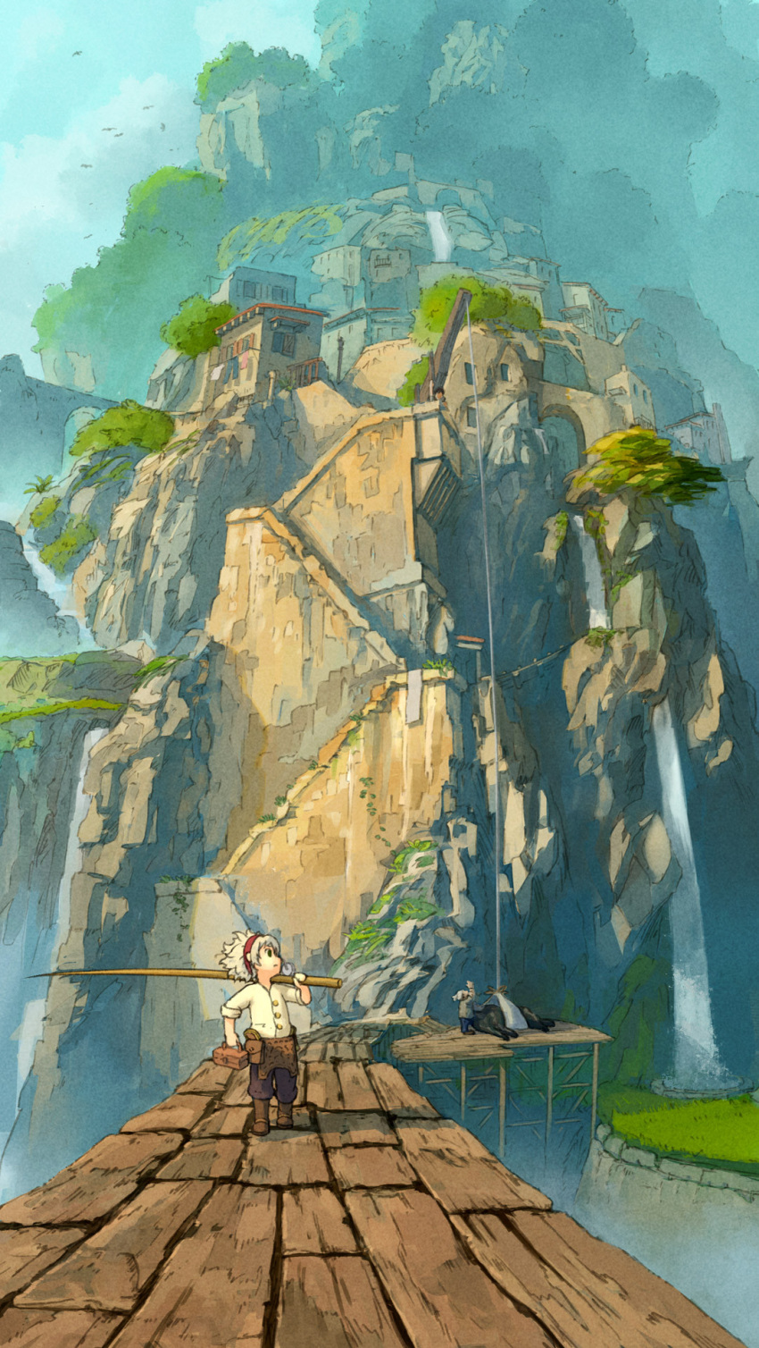 1boy 2girls black_eyes blonde_hair boots brown_footwear calme concept_art day faceless faceless_female highres holding holding_pole landscape multiple_girls official_art outdoors pole poppo_sutchy pulley scenery short_hair stairs tree water waterfall