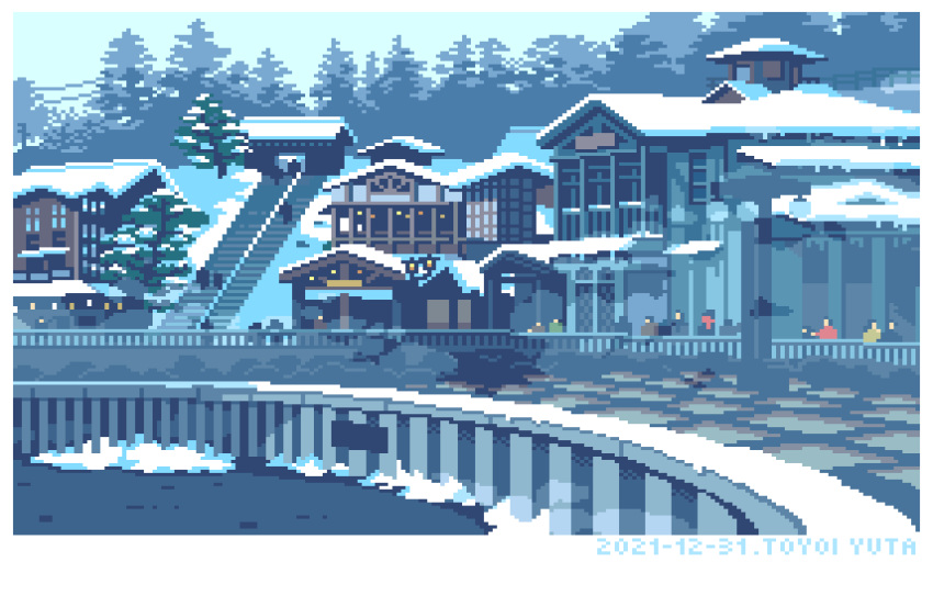 6+others ambiguous_gender animated animated_gif artist_name dated day highres multiple_others original outdoors pixel_art power_lines scenery snow stairs steam toyoi_yuuta tree