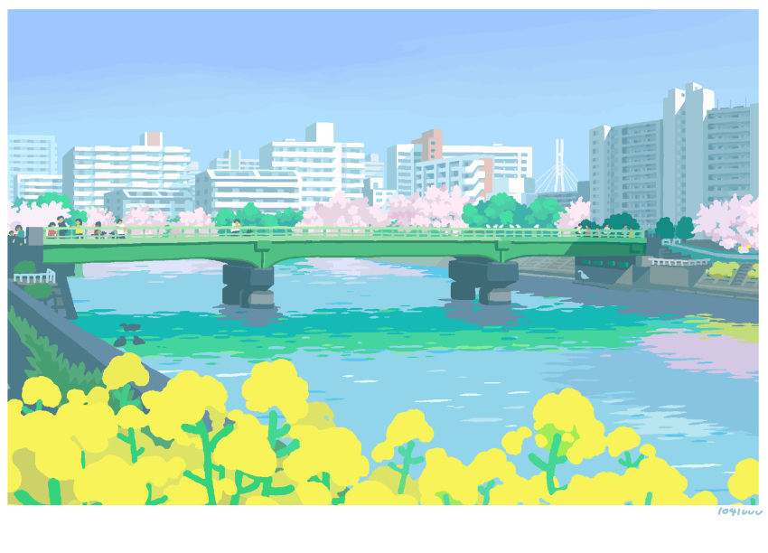6+others ambiguous_gender animated animated_gif artist_name bird bridge day flower highres multiple_others original outdoors river scenery stairs toyoi_yuuta