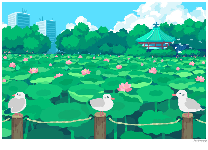 6+others animated animated_gif artist_name bird day flower highres lotus multiple_others original outdoors post scenery toyoi_yuuta