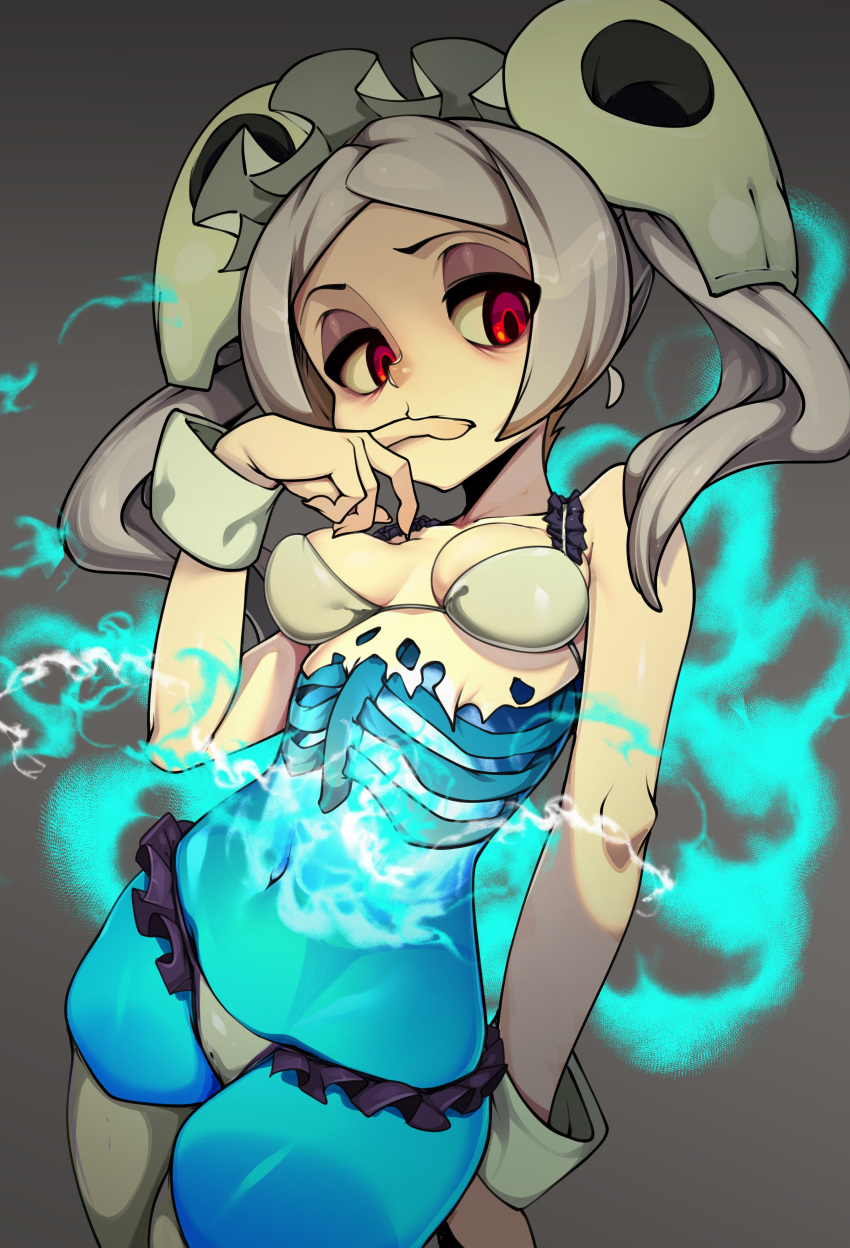1girl absurdres bloody_marie_(skullgirls) breasts cleavage commentary english_commentary finger_to_mouth fingernails gradient gradient_background grey_background grey_hair highres looking_at_viewer medium_breasts medium_hair navel red_eyes ribs skullgirls slugbox solo thighs twintails