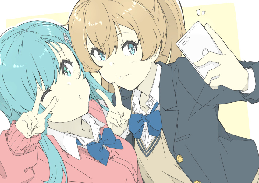 2girls aqua_eyes aqua_hair black_jacket blazer blue_bow blue_bowtie bow bowtie brown_hair cardigan cellphone hair_ornament hairclip highres jacket kantai_collection kumano_(kancolle) long_hair multiple_girls ninimo_nimo official_alternate_costume one_eye_closed phone pink_cardigan ponytail school_uniform selfie suzuya_(kancolle) sweater_vest upper_body v