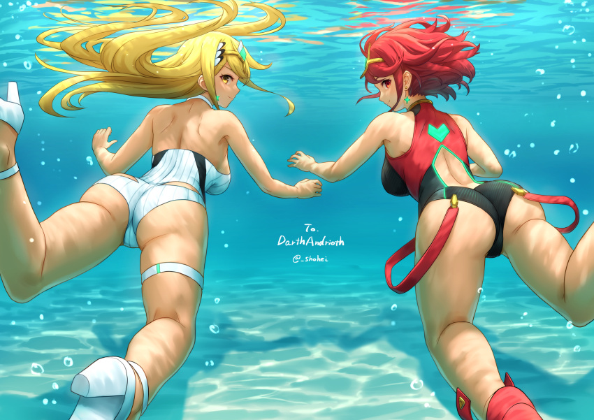 2girls artist_name ass back bangs bare_shoulders black_one-piece_swimsuit blonde_hair breasts circlet closed_mouth commission earrings high_heels highres jewelry long_hair looking_at_viewer looking_back medium_hair multiple_girls mythra_(radiant_beach)_(xenoblade) mythra_(xenoblade) pool pyra_(pro_swimmer)_(xenoblade) pyra_(xenoblade) red_eyes red_footwear red_hair shouhei smile swimsuit underwater wet wet_hair white_footwear white_one-piece_swimsuit xenoblade_chronicles_(series) xenoblade_chronicles_2 yellow_eyes