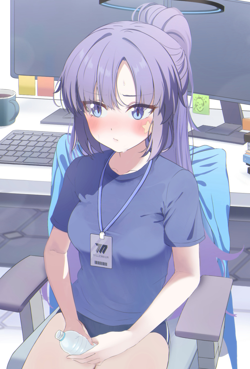 1girl blue_archive blue_eyes blue_shirt bottle chair commentary_request halo highres holding holding_bottle long_hair official_alternate_costume on_chair ponytail purple_hair shaka_(staito0515) shirt short_sleeves sitting solo star_tattoo tattoo water_bottle yuuka_(blue_archive) yuuka_(gym_uniform)_(blue_archive)