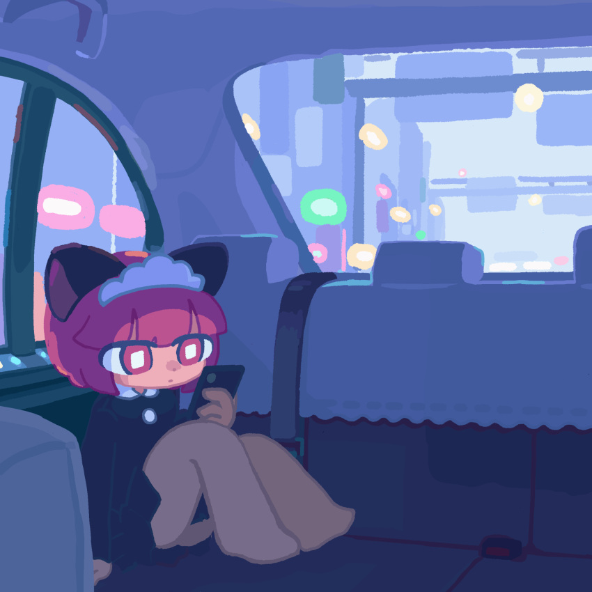 1girl animal_ears animated animated_gif arm_support bangs blunt_bangs bright_pupils car_interior cat_ears cat_girl cellphone highres holding holding_phone long_sleeves looking_away original phone red_eyes red_hair short_hair sitting smartphone solo toyoi_yuuta white_pupils