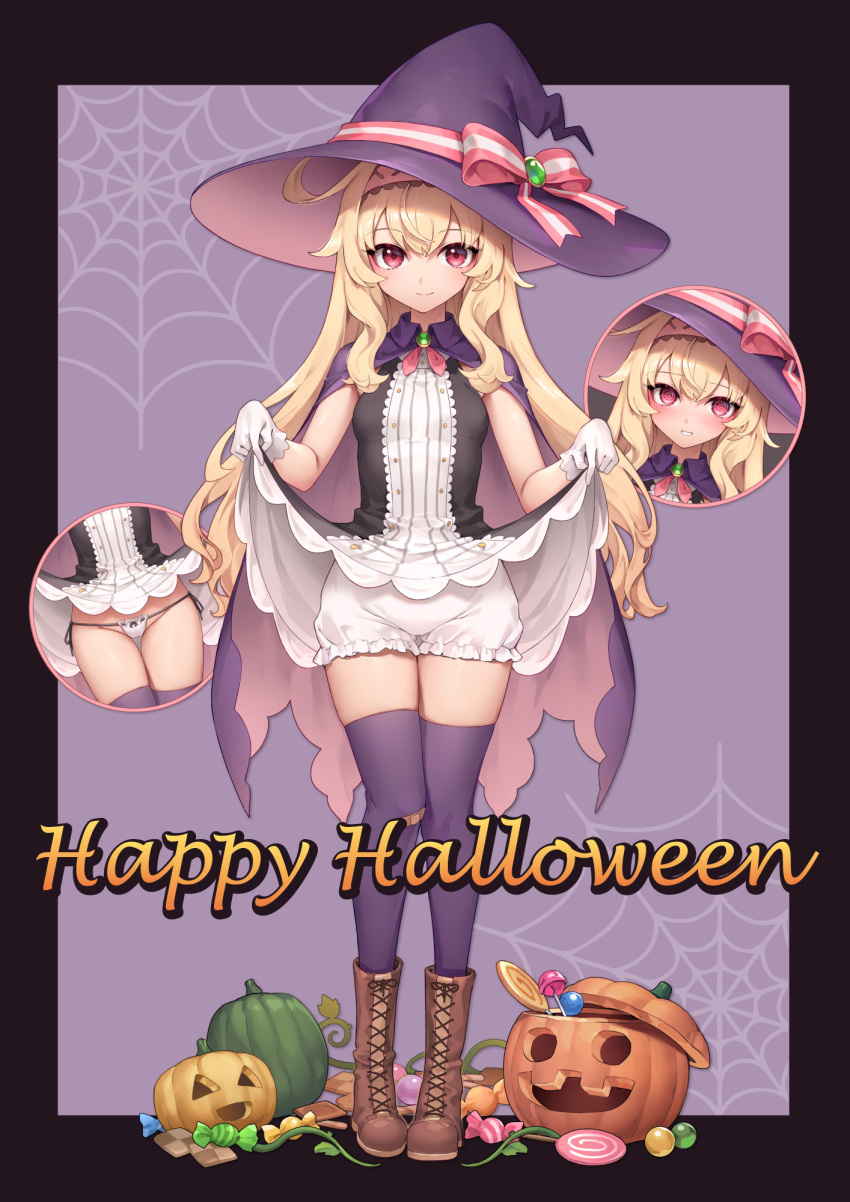1girl black_cloak black_dress black_headwear black_thighhighs blonde_hair bloomers boots bow bow_panties brown_footwear cloak clothes_lift dress dress_lift full_body gem gloves halloween happy_halloween hat hat_ribbon highres jack-o'-lantern lifted_by_self linmiu_(smilemiku) little_witch_nobeta long_hair micro_panties nobeta panties pumpkin red_eyes ribbon side-tie_panties smile solo thigh_gap thighhighs thighs two-tone_dress underwear white_bloomers white_dress white_gloves white_panties witch_hat
