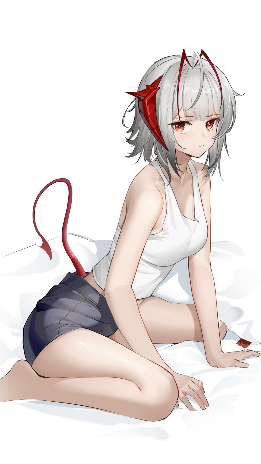 1girl absurdres antennae arknights arm_support bangs bare_arms bare_legs bare_shoulders barefoot commentary_request grey_hair grey_shorts highres horns looking_at_viewer orange_eyes shenqi_xiao_hong_zai_nali short_hair short_shorts shorts simple_background sitting solo tail tank_top thighs w_(arknights) wariza white_background white_tank_top