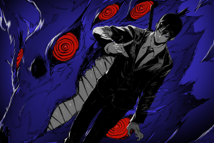 1boy black_hair black_jacket black_necktie black_pants blue_background chainsaw_man collared_shirt erotipop extra_eyes formal fox fox_devil_(chainsaw_man) fox_shadow_puppet hair_between_eyes hayakawa_aki highres jacket katana looking_at_viewer monochrome necktie pants ringed_eyes sharp_teeth shirt short_hair simple_background spot_color sword teeth topknot weapon weapon_on_back white_shirt