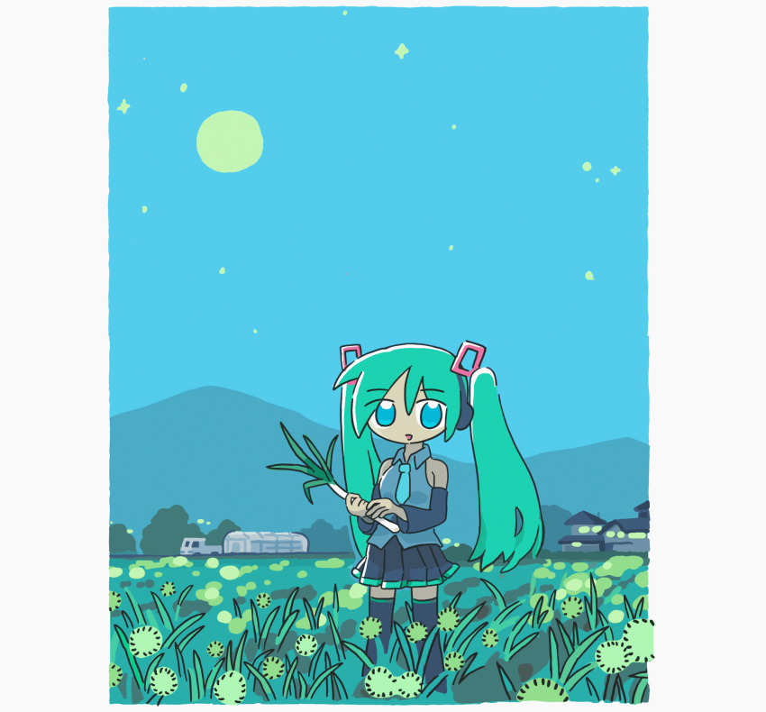 1girl animated animated_gif black_skirt black_thighhighs blue_eyes blue_hair blue_necktie detached_sleeves food hatsune_miku highres holding holding_food holding_spring_onion holding_vegetable long_hair mountainous_horizon necktie night night_sky outdoors parted_lips pleated_skirt skirt sky smile solo spring_onion star_(sky) starry_sky thighhighs toyoi_yuuta twintails vegetable vocaloid