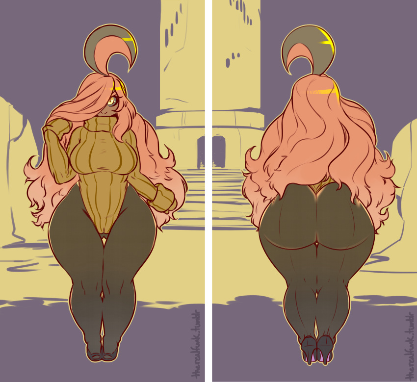 2016 absurd_res big_breasts big_butt black_sclera breasts butt butt_from_the_front camel_toe clothed clothing curvy_figure female footwear generation_6_pokemon gourgeist hair hi_res high_heels huge_butt humanoid liveforthefunk long_hair looking_at_viewer morganna_(1uped-art) nintendo not_furry pink_hair pokemon pokemon_(species) pokemorph rear_view ribbed_clothing ribbed_sweater smile solo standing sweater thick_thighs topwear turtleneck video_games wide_hips yellow_eyes