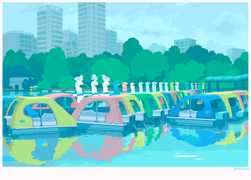 2others ambiguous_gender animated animated_gif artist_name bird boat city cloud cloudy_sky day highres holding holding_umbrella multiple_others original outdoors pond rain sky toyoi_yuuta tree umbrella watercraft