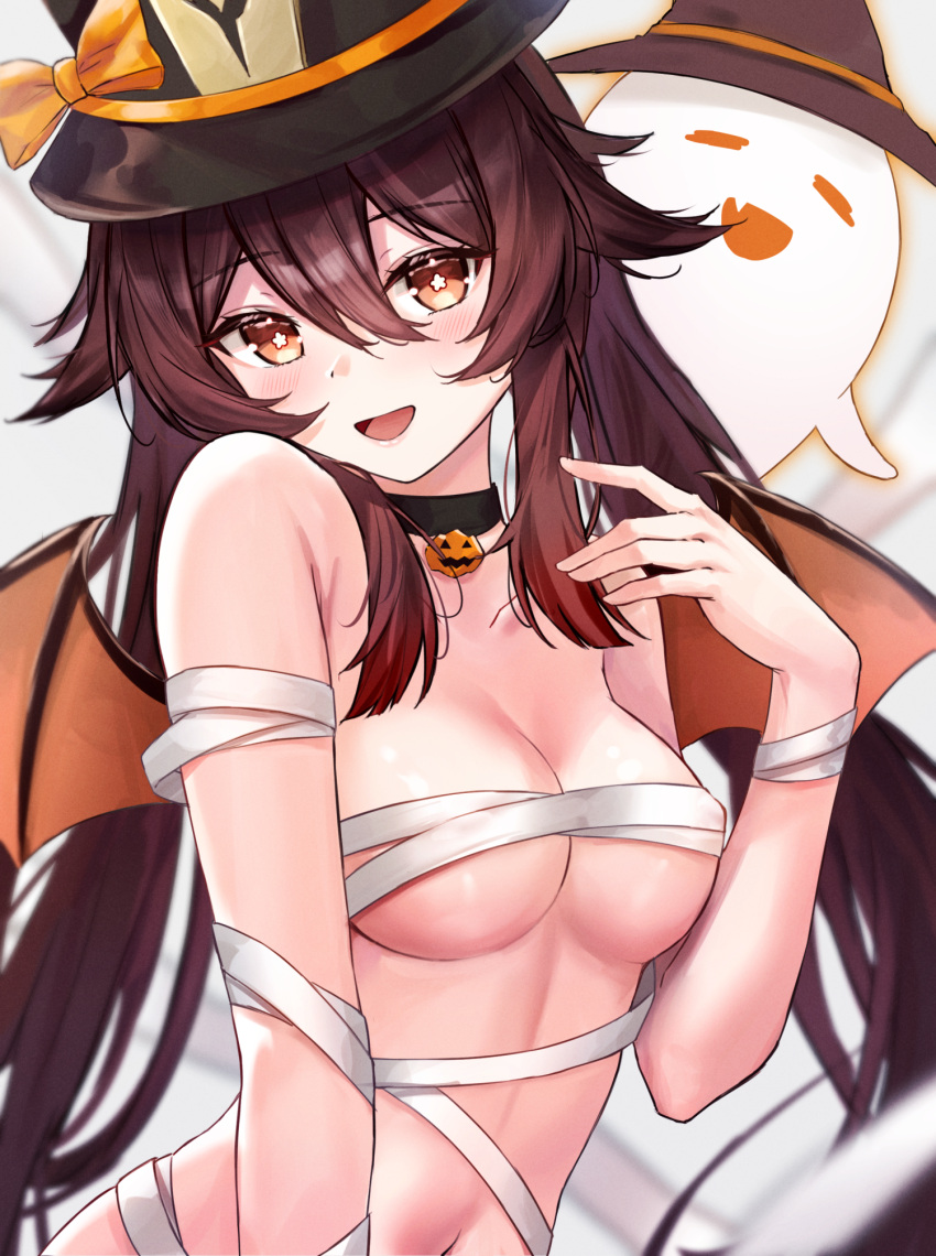 1girl :d atychi bandages bare_shoulders bat_wings black_choker blush boo_tao_(genshin_impact) breasts brown_hair choker commentary genshin_impact halloween_costume hand_up hat highres hu_tao_(genshin_impact) long_hair looking_at_viewer medium_breasts mummy_costume navel open_mouth pendant_choker red_eyes smile solo symbol-only_commentary symbol-shaped_pupils twintails upper_body wings witch_hat