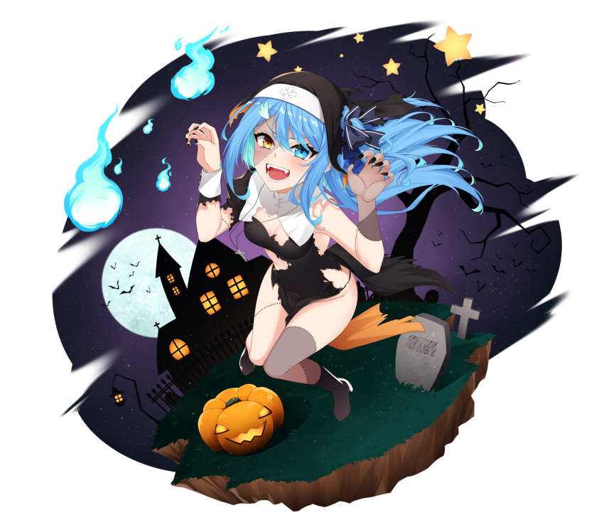 1girl :d absurdres bangs bare_tree bat_(animal) black_dress blue_eyes blue_hair breasts claw_pose commentary dress english_commentary fangs fingernails full_moon grass habit hair_between_eyes hair_ornament hairclip halloween healther heterochromia highres hitodama jack-o'-lantern long_hair looking_at_viewer medium_breasts moon night nun open_mouth original outdoors patchwork_skin robe sharp_fingernails sky smile solo star_(sky) star_(symbol) starry_sky tombstone torn_clothes torn_robe tree yellow_eyes