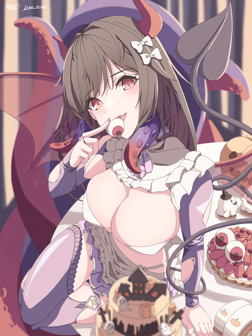 1girl absurdres azur_lane breasts brown_hair cake demon_horns demon_tail eyeball food highres holding_eyeball horns jelly looking_at_viewer on_table pumpkin red_eyes royal_fortune_(azur_lane) royal_fortune_(treats_from_the_deep)_(azur_lane) solo sunebu_(snake_boo2) table tail tentacles wings