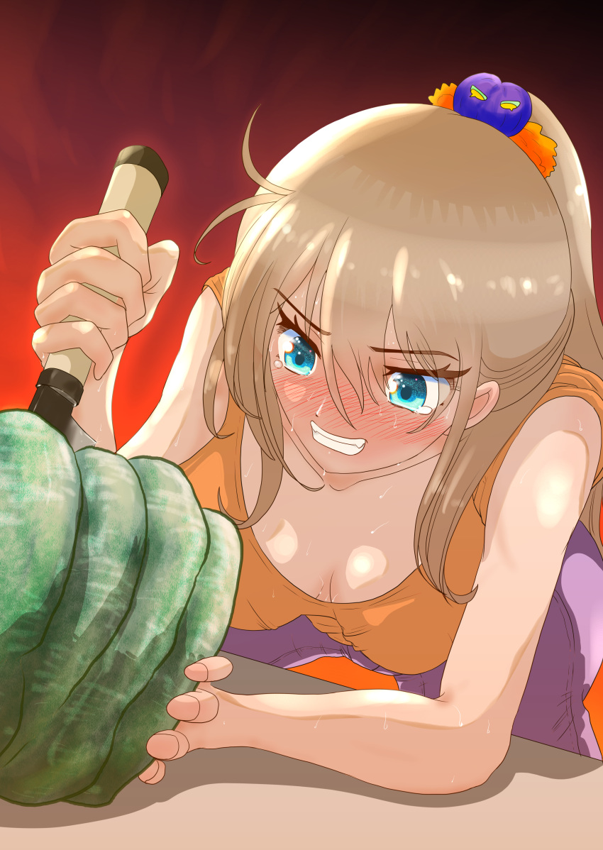 1girl absurdres arms_on_table bangs blonde_hair blue_eyes blush breasts check_commentary cleavage clenched_teeth commentary commentary_request cutting denim eyelashes food gourd halloween highres holding holding_food holding_knife holding_vegetable jeans knife large_breasts leaning_forward looking_at_food original pants ponytail purple_pants red_background sakurai708 sidelocks solo spread_legs stab sweat table tearing_up teeth vegetable