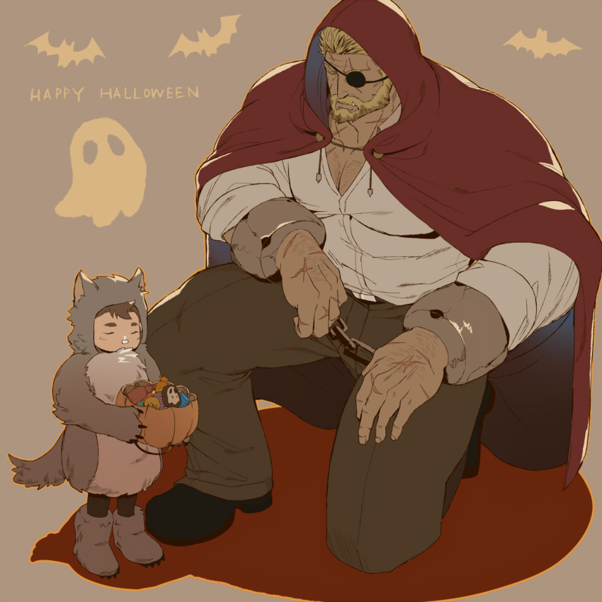 2boys balor_(housamo) bara bat_(animal) beard big_bad_wolf_(grimm) big_bad_wolf_(grimm)_(cosplay) black_hair black_pantyhose blonde_hair boots brown_background brown_pants candy cape chest_hair closed_eyes closed_mouth commentary_request cosplay cuffs eyepatch facial_hair food ghost halloween_costume happy_halloween highres hinokumo_f holding holding_candy holding_food hood hooded_cape kneeling large_pectorals little_red_riding_hood_(grimm) little_red_riding_hood_(grimm)_(cosplay) male_focus master_1_(housamo) mature_male multicolored_hair multiple_boys muscular muscular_male pants pantyhose pectoral_cleavage pectorals red_cape scar scar_across_eye scar_on_face scar_on_hand scar_on_head shackles shadow shirt short_hair tokyo_afterschool_summoners two-tone_hair white_shirt