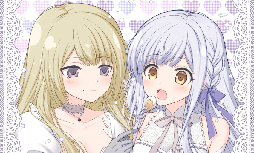 2girls arms_at_sides assault_lily bangs bare_shoulders blonde_hair blush braid breasts cake cleavage closed_mouth collarbone commentary feeding food fork frilled_shirt frills gloves grey_choker grey_gloves grey_hair grey_ribbon hair_ribbon hand_up heart heart_background highres holding holding_fork jewelry kon_kanaho lace_border light_particles light_smile long_hair looking_at_another looking_away medium_breasts miyagawa_takane multiple_girls neck_ribbon necklace official_alternate_costume open_mouth pendant portrait purple_eyes purple_ribbon ribbon sakura_tsubame shirt side-by-side side_braid sidelocks sleeveless sleeveless_shirt white_background white_shirt yellow_eyes yuri