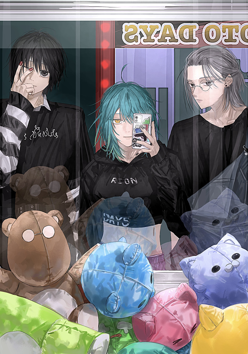 1girl 2boys aged_down akao_rion aqua_hair asagi_(0w0) black_hair black_nails black_shirt cellphone character_name copyright_name earrings error glasses grey_hair hand_up highres jewelry medium_hair multiple_boys nagumo_(sakamoto_days) phone red_nails reflection sakamoto_days sakamoto_taro shirt short_hair striped_sleeves stuffed_toy yellow_eyes