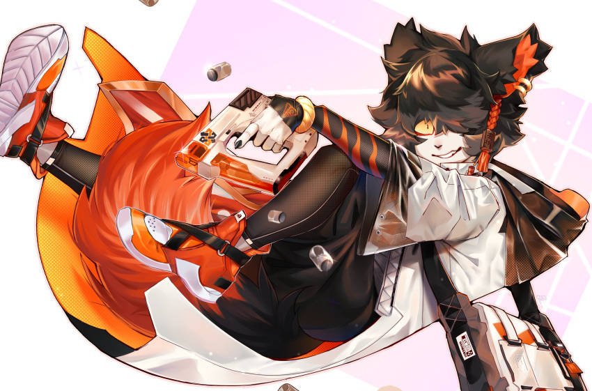 2020 aak_(arknights) anthro arknights black_clothing black_hair booboo34 clothed clothing coat domestic_cat felid feline felis fur hair hi_res hypergryph jumping looking_at_viewer male mammal orange_body orange_fur orange_tail smile solo studio_montagne topwear tranquilizer video_games weapon white_clothing yellow_sclera