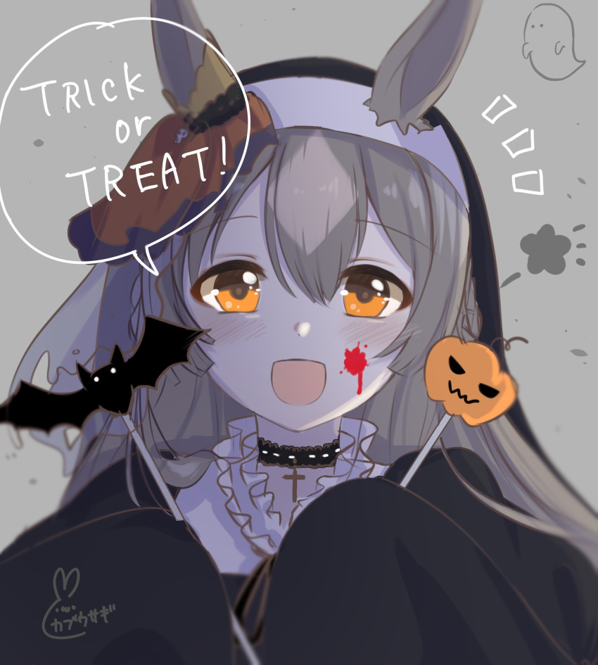 1girl :d animal_ears artist_name bangs bat_ornament black_choker black_dress black_headwear blood blood_on_face candy choker collar commentary cross cross_choker dress dress_shirt english_text food frilled_collar frills ghost grey_background grey_hair habit halloween halloween_costume high_collar highres holding holding_candy holding_food holding_lollipop horse_ears horse_girl jack-o'-lantern_ornament kabu_usagi lollipop long_hair long_sleeves looking_at_viewer notice_lines open_mouth orange_eyes pale_skin portrait satono_diamond_(umamusume) shirt signature sleeves_past_fingers sleeves_past_wrists smile solo trick_or_treat umamusume white_shirt