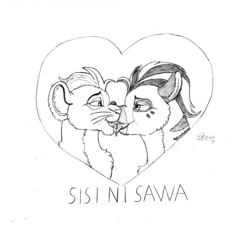 &lt;3 2017 african disney duo eye_contact fangs felid female feral french_kissing fur hair half-closed_eyes headshot_portrait hyaenid jasiri_(tlg) jimfoxx kion kissing lion looking_at_another male male/female mammal mane narrowed_eyes open_mouth pantherine portrait signature smile text the_lion_guard the_lion_king tongue tongue_out whiskers