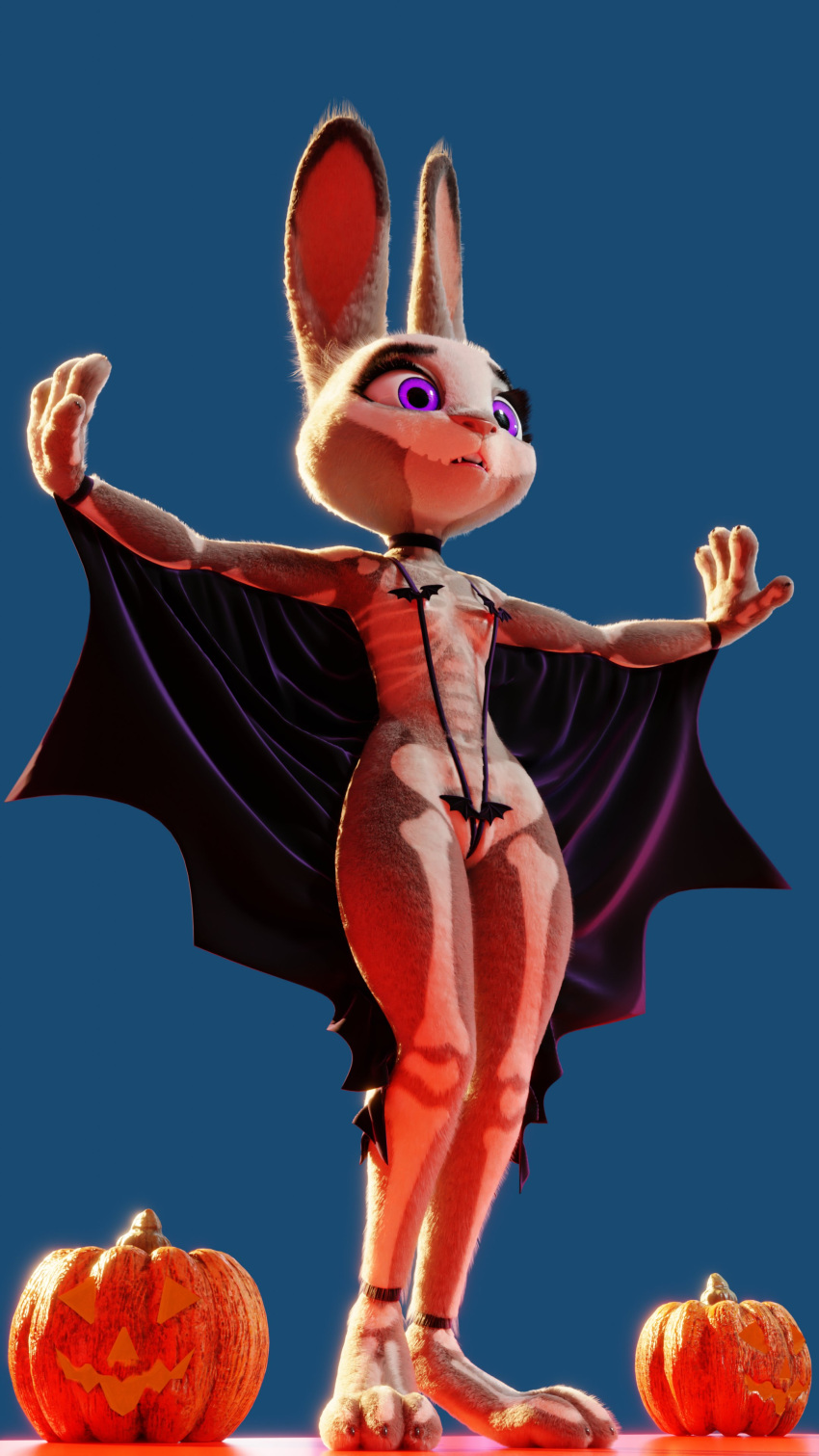 3d_(artwork) absurd_res alert anthro barely_visible_genitalia barely_visible_nipples bat_costume bat_wings batkini big_ears bodypaint breasts camel_toe clothing costume digital_media_(artwork) disney female floppy_ears fur genitals glistening halloween halloween_costume halloween_decoration hi_res holidays jack-o'-lantern judy_hopps lagomorph leporid light mammal markings membrane_(anatomy) membranous_wings mostly_nude multicolored_body nipples pink_nipples pink_nose pochemu portrait presenting puffy_nipples pussy pussy_floss rabbit reveal skeleton_(marking) small_breasts solo sound_effects surprised_expression teeth thong two_tone_body underwear wings zootopia