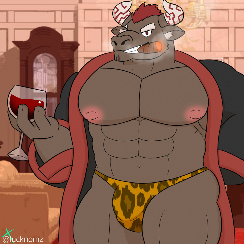alcohol animal_print anthro bathrobe beverage bovid bovine bulge cattle cigar clothing container cup drinking_glass glass glass_container glass_cup gyumao hi_res leopard_print lifewonders looking_at_viewer lucknomz male mammal muscular pecs robe smoke smoking solo solo_focus thong tokyo_afterschool_summoners underwear video_games wine wine_glass