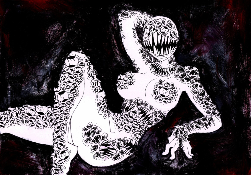 2014 anthro duo eyeless fangs female holes_in_body humanoid monochrome monster monster_girl_(genre) mouth_on_chest parasitedeath pose tagme traditional_media_(artwork) trypophobia