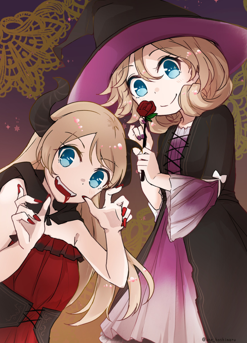 2girls alternate_costume ane_hoshimaru black_dress black_headwear blonde_hair blood blood_from_mouth blue_eyes cape corset demon_horns dress fake_horns fang flower halloween happy_halloween hat highres horns janus_(kancolle) jervis_(kancolle) kantai_collection long_hair long_sleeves medium_hair multiple_girls nail_polish purple_background purple_dress red_dress rose wide_sleeves witch_hat yellow_background