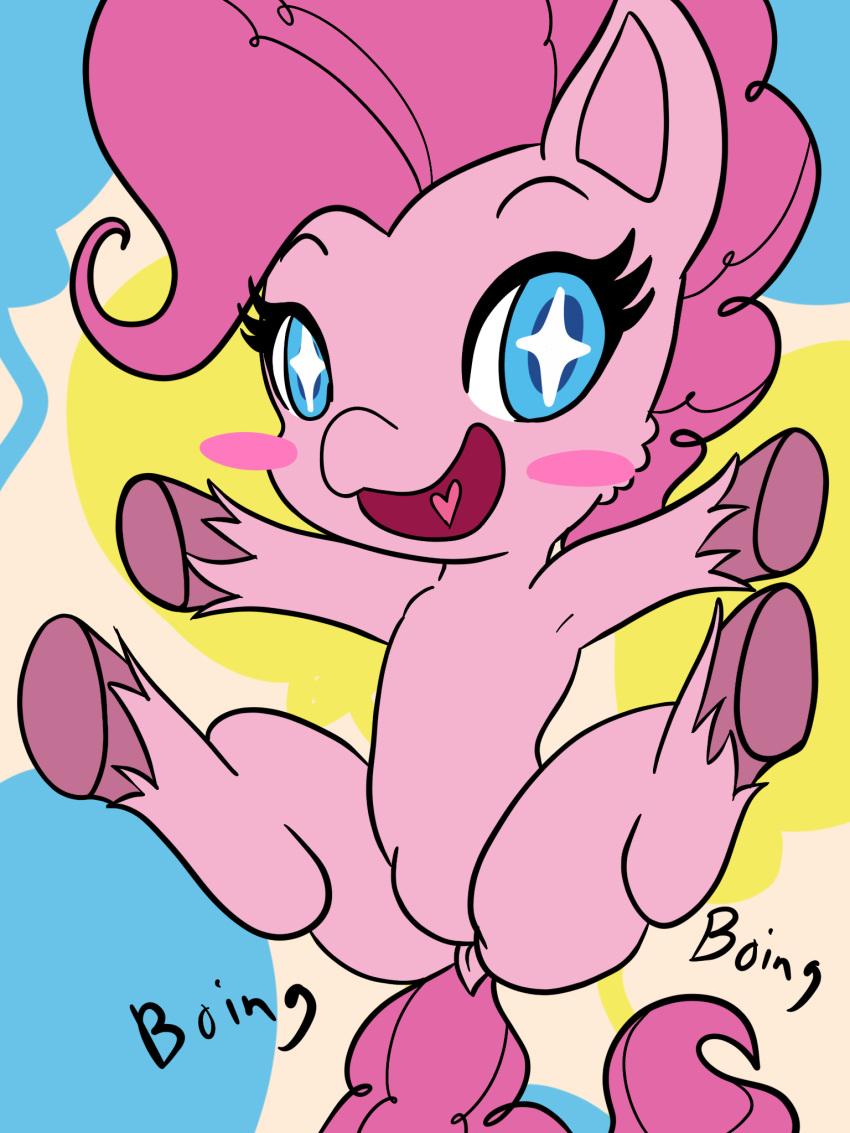 2020 blue_eyes blush blush_stickers boing bouncing butt chibi digital_media_(artwork) dock duo earth_pony equid equine eyelashes female feral fetlocks friendship_is_magic fur hair hasbro hi_res hooves horse looking_at_viewer lying mammal my_little_pony my_little_pony:_pony_life on_front onomatopoeia open_mouth open_smile outside pink_body pink_fur pink_hair pink_hooves pink_tail pinkie_pie_(mlp) pony shinkaku smile solo sound_effects starry_eyes text thick_thighs