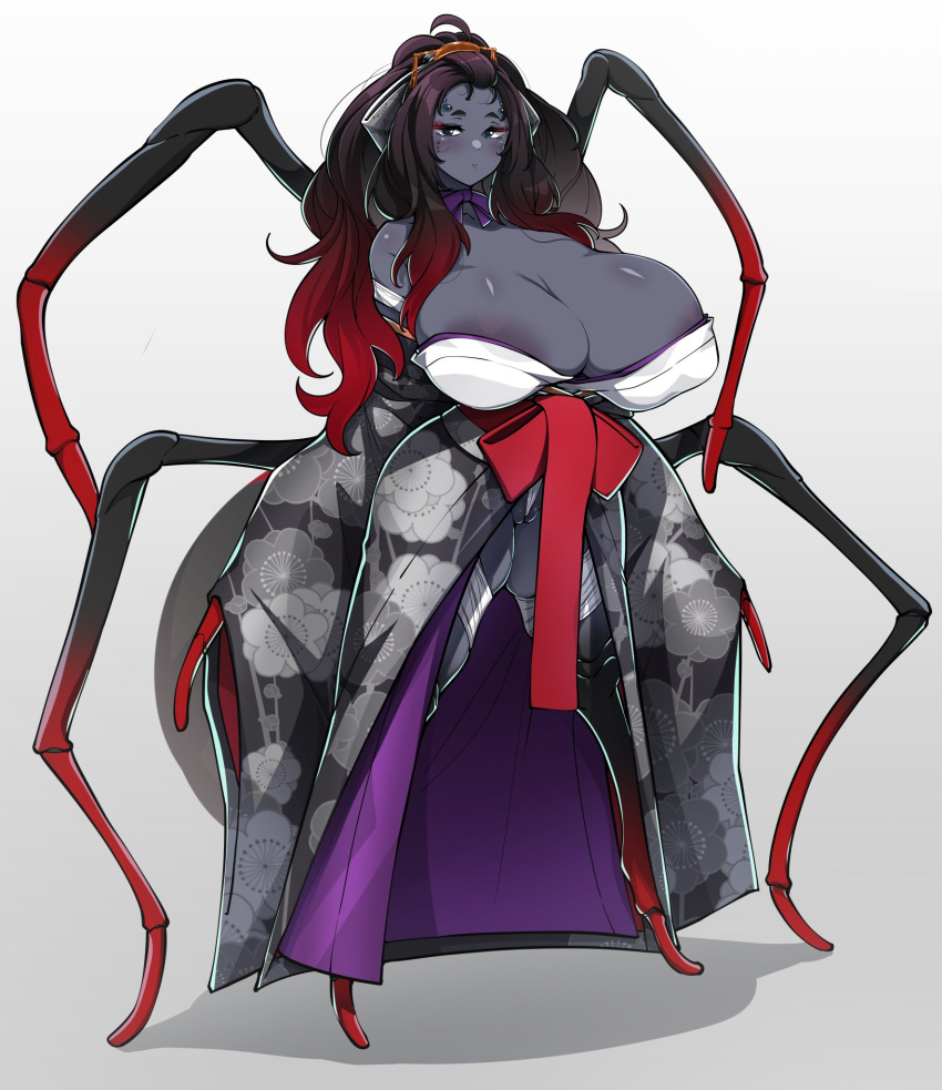 animal_humanoid arachnid arachnid_humanoid araneomorph areola arthropod arthropod_humanoid asian_clothing big_breasts black_body black_hair black_skin black_widow_spider breasts clothing east_asian_clothing female hair hi_res huge_breasts humanoid japanese_clothing kimono konoshige long_hair multi_eye multi_leg multi_limb original_characters red_hair simple_background solo spider spider_humanoid theridiid widow_spider