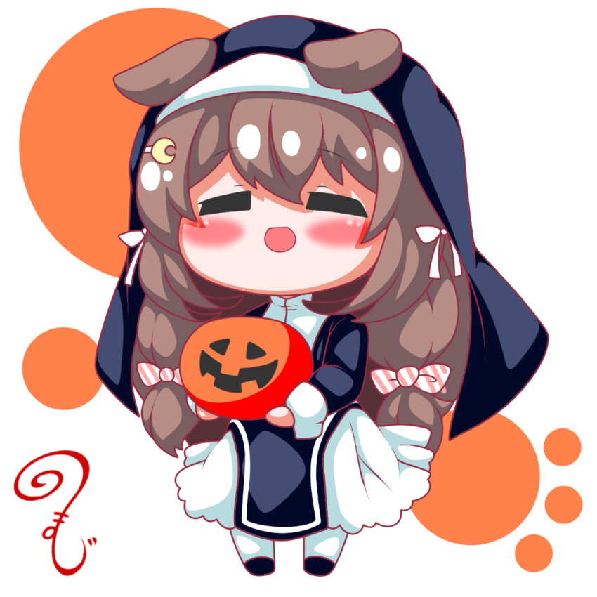 1girl :d azur_lane bangs black_dress black_footwear blush brown_hair candy_hair_ornament chibi closed_eyes crescent crescent_hair_ornament dress facing_viewer food-themed_hair_ornament full_body fumizuki_(azur_lane) habit hair_between_eyes hair_ornament hairclip halloween holding jack-o'-lantern kurukurumagical long_hair long_sleeves nun pantyhose shoes simple_background smile solo standing very_long_hair white_background white_pantyhose