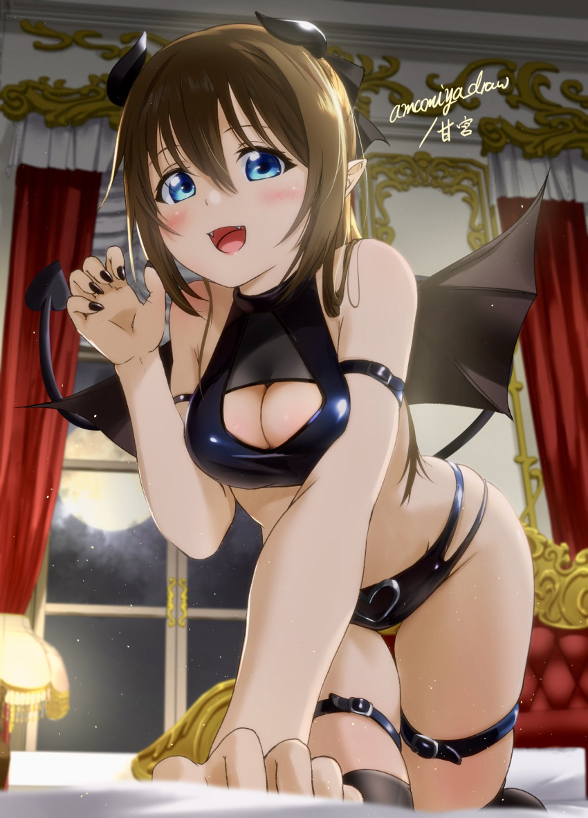 1girl all_fours alternate_hairstyle amamiya_(re-amamiya) arm_strap arm_support bangs bedroom black_bow black_nails black_panties black_shirt black_socks blue_eyes blush bow breast_press breasts brown_hair check_commentary claw_pose cleavage cleavage_cutout clothing_cutout commentary_request crop_top demon_girl demon_horns demon_tail demon_wings fangs full_moon hair_between_eyes hair_bow hand_up highres horns indoors kneehighs lamp large_breasts long_hair looking_at_viewer love_live! love_live!_nijigasaki_high_school_idol_club moon night night_sky on_bed open_mouth ousaka_shizuku panties pointy_ears red_curtains shirt sidelocks sky smile socks solo stomach tail thigh_strap thighs underwear window wings