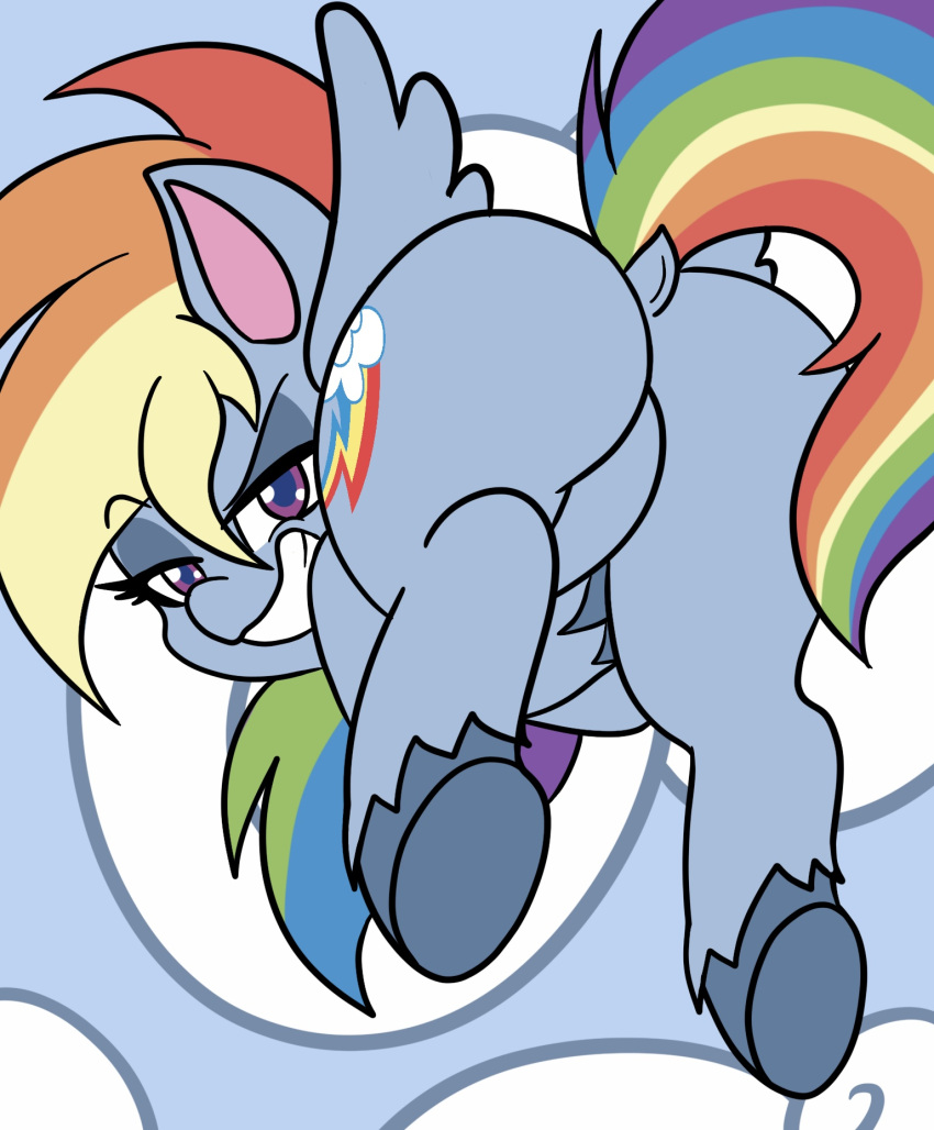 2020 blue_body blue_fur blue_hooves butt chibi cutie_mark digital_media_(artwork) dock dreamworks_smirk equid equine eyebrows eyelashes female feral fetlocks flying friendship_is_magic fur hair hasbro hi_res hooves horse lidded_eyes looking_at_viewer looking_back looking_back_at_viewer mammal multicolored_hair multicolored_tail my_little_pony my_little_pony:_pony_life outside pegasus pony purple_eyes rainbow_dash_(mlp) rainbow_hair rainbow_tail raised_eyebrow shinkaku smile solo wings