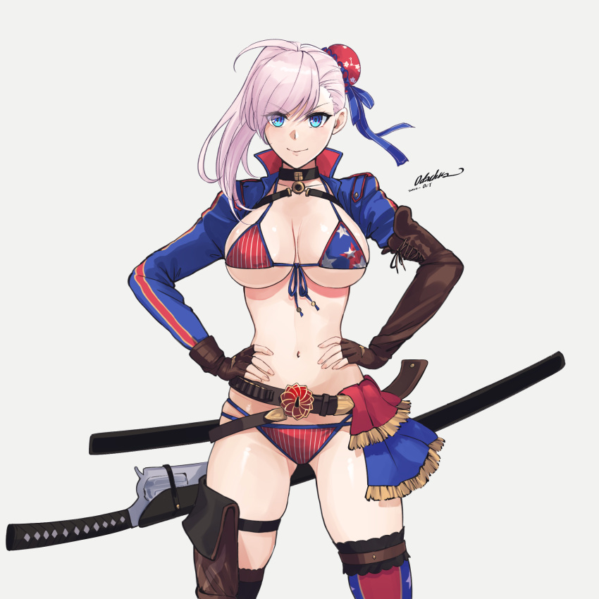 absurdres american_flag_bikini american_flag_legwear asymmetrical_footwear asymmetrical_gloves asymmetrical_hair bangs belt beltskirt bikini blue_eyes boots breasts bridal_gauntlets bun_cover choker cleavage cowboy_boots criss-cross_halter cross-laced_clothes cross-laced_legwear elbow_gloves fate/grand_order fate_(series) fingerless_gloves flag_print gloves grey_hair gunblade hair_bun hair_ribbon half-skirt halterneck highres katana large_breasts miyamoto_musashi_(fate) miyamoto_musashi_(swimsuit_berserker)_(fate) navel odachu pink_hair print_swimsuit ribbon shrug_(clothing) sideboob single_elbow_glove single_hair_bun single_hair_intake single_side_bun single_sidelock single_thigh_boot single_thighhigh swept_bangs swimsuit sword tassel thigh_boots thigh_strap thighhighs underboob uneven_footwear uneven_gloves weapon