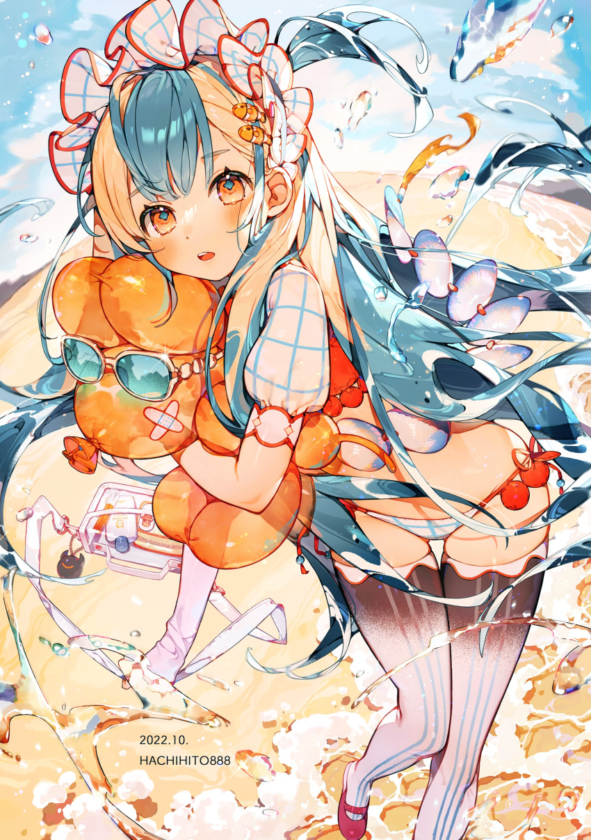 1girl absurdres artist_name balloon_animal dated english_text floating hachihito highres holding holding_toy long_hair looking_at_viewer multicolored_hair open_mouth original red_footwear short_sleeves teeth thighhighs toy two-tone_hair upper_teeth water water_drop