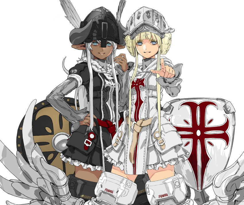 2girls bangs belt black_dress blue_eyes boots braid braided_bun breasts brown_belt dark-skinned_female dark_skin double_bun dress godz_order hair_bun hand_on_hip head_wings helmet highres horns looking_at_viewer megumi_asmodeus metal_boots multiple_girls official_art parted_lips pointing pointing_at_viewer pointy_ears red_belt shield sidelocks small_breasts smile thigh_boots visor_(armor) white_background white_dress yasuda_akira yuri_godbuster