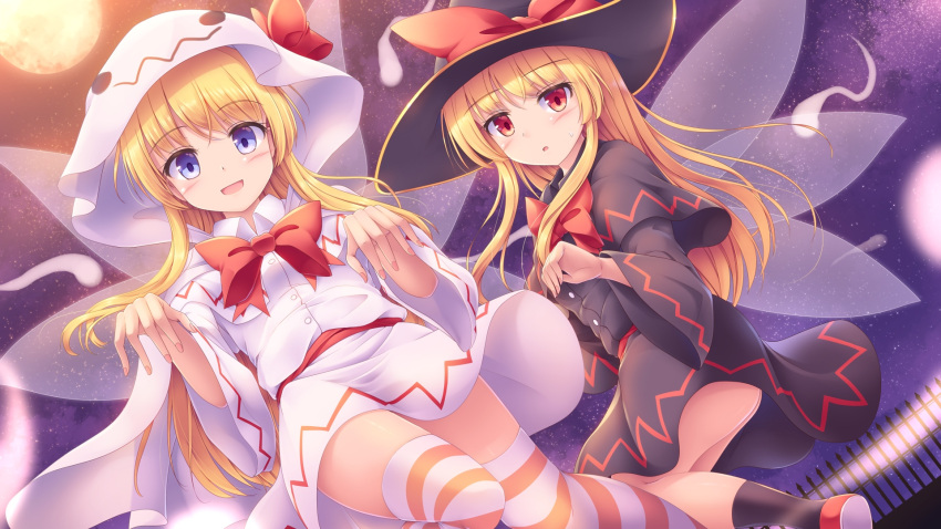 2girls black_capelet black_dress black_headwear black_socks blonde_hair blue_eyes blush buttons capelet commentary_request dress dual_persona fairy fairy_wings full_moon halloween halloween_costume hat highres hood hooded_capelet lily_black lily_white long_hair long_sleeves lzh moon multiple_girls open_mouth red_eyes smile socks striped striped_thighhighs thighhighs touhou white_capelet white_dress wide_sleeves wings witch_hat