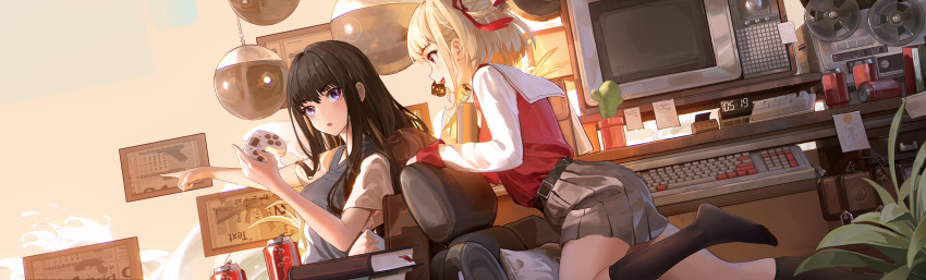 2girls :o absurdres alternate_costume belt black_hair black_socks blonde_hair book breasts cactus can casual chair controller from_side game_controller grey_skirt hair_ribbon highres holding holding_controller holding_game_controller indoors inoue_takina keyboard_(computer) looking_at_another lycoris_recoil miniskirt multiple_girls nishikigi_chisato no_shoes office_chair one_side_up picture_frame plant pleated_skirt potted_plant purple_eyes red_eyes red_ribbon ribbon sailor_collar short_hair skirt socks sticky_note xiaoshan_jiang
