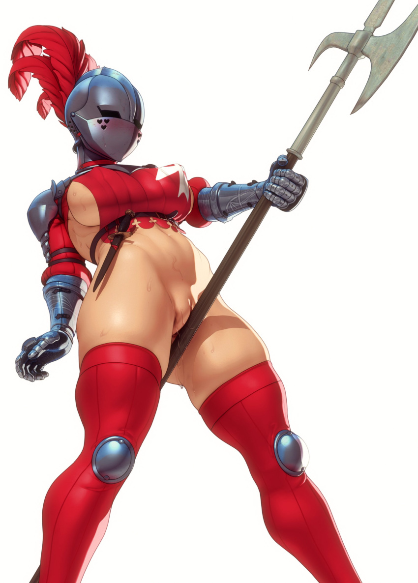 1girl absurdres bottomless breasts covered_nipples dagger feathers female_masturbation gauntlets halberd hand_up helmet highres holding holding_weapon john_doe knife large_breasts legs_apart masturbation navel original polearm pussy pussy_juice red_feathers red_thighhighs sheath sheathed simple_background solo standing sweat thighhighs weapon white_background