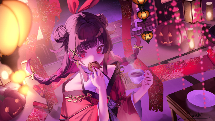 1girl bangs braid brown_hair candle character_request commentary_request cookie cup double_bun fire food girls'_frontline hair_bun hands_up highres holding holding_cup holding_food jack-o'-lantern japanese_clothes kimono long_hair long_sleeves looking_at_viewer nail_polish off_shoulder original plate purple_nails red_eyes red_kimono saraki shirt signature sleeveless sleeveless_shirt solo steam table twin_braids twintails upper_body white_shirt wide_sleeves