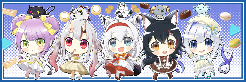 5girls absurdres ahoge amane_kanata animal_ear_fluff animal_ears axolotl_(minecraft) bangs bibi_(tokoyami_towa) black_hair blue_eyes blue_hair bow braid briareos brown_dress chibi commentary_request dress eating fox_ears fox_girl fox_tail fubuchun green_eyes hair_between_eyes hair_bow hair_ornament hairband hairclip hatotaurus_(ookami_mio) highres hololive horns lawson long_hair looking_at_viewer minecraft multicolored_hair multiple_girls nakiri_ayame oni_horns ookami_mio open_mouth pentagram poyoyo_(nakiri_ayame) purple_hair red_dress red_eyes red_hair red_hairband shirakami_fubuki sidelocks single_braid smile streaked_hair tail tokoyami_towa twintails white_dress white_hair yellow_bow yellow_eyes