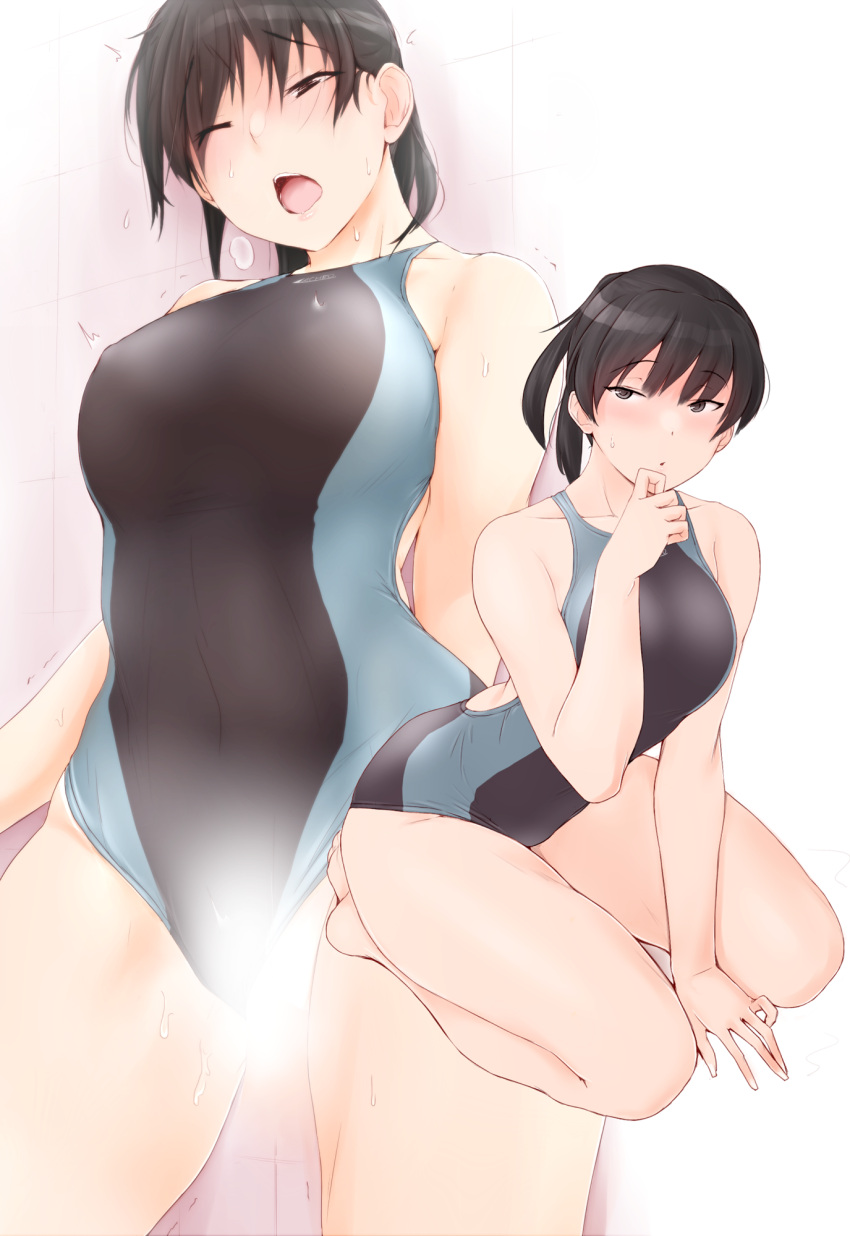 1girl amagami bangs barefoot between_legs black_hair breasts commentary_request competition_swimsuit covered_navel full_body hand_between_legs highres kneeling looking_at_viewer medium_breasts one-piece_swimsuit one_eye_closed ponytail sasaki_akira_(ugc) solo swimsuit tsukahara_hibiki