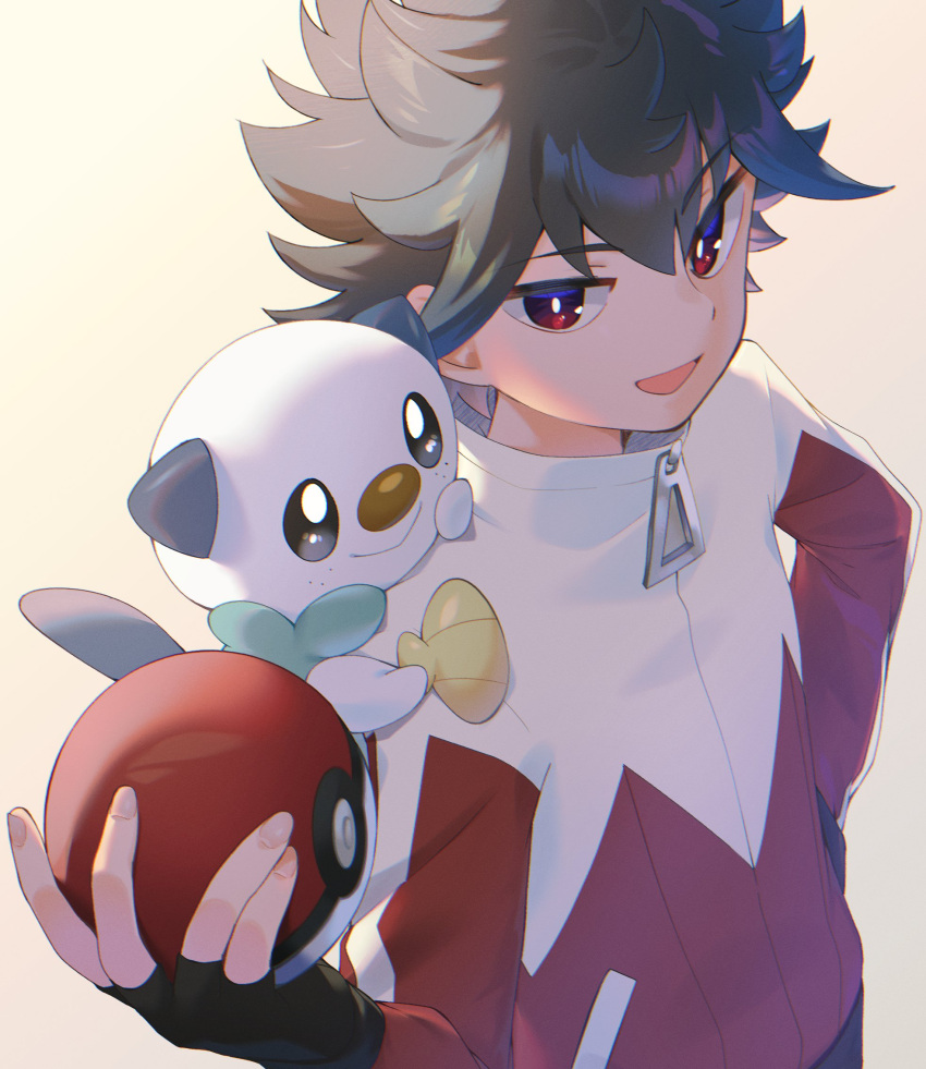 1boy :d bangs black_gloves black_hair bright_pupils commentary_request fingerless_gloves gloves hand_up high_collar highres holding holding_poke_ball hugh_(pokemon) jacket male_focus on_shoulder open_mouth oshawott poke_ball poke_ball_(basic) pokemon pokemon_(creature) pokemon_(game) pokemon_bw2 pokemon_on_shoulder red_eyes red_jacket short_hair smile spiked_hair white_pupils yupiteru zipper_pull_tab